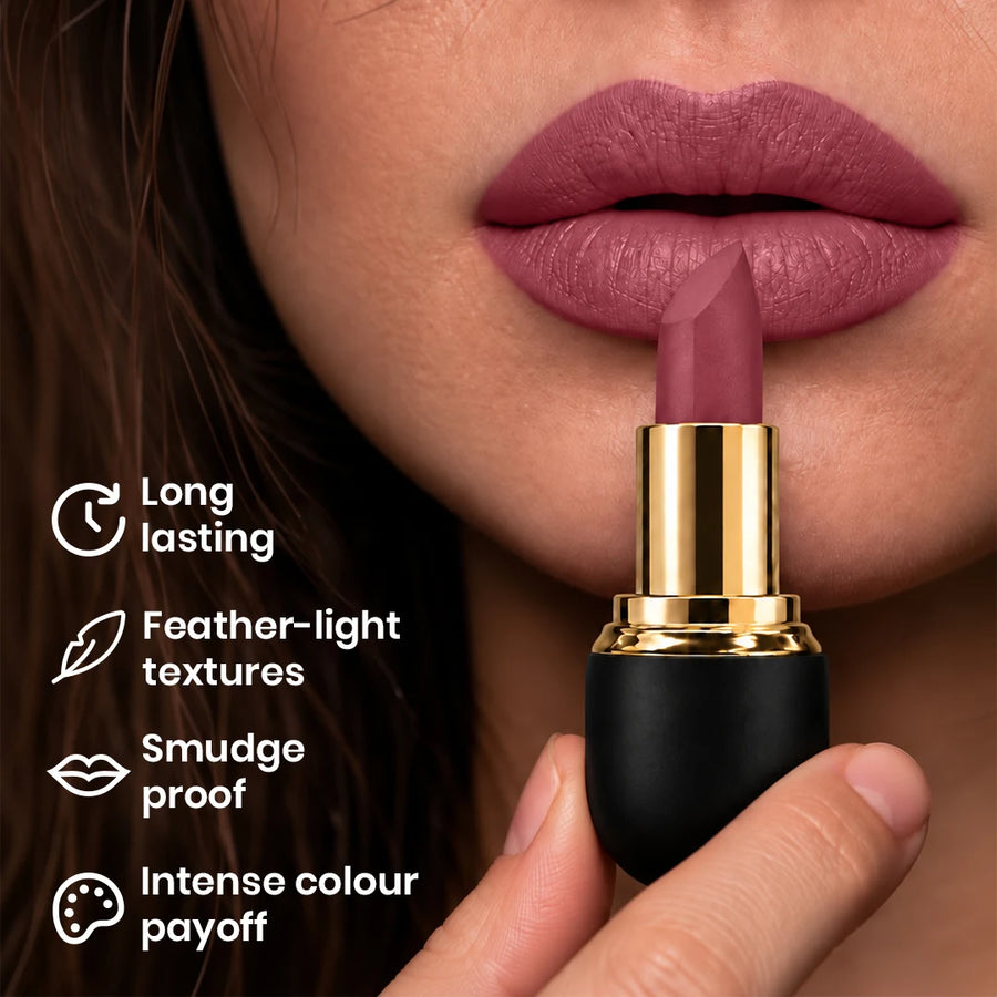 Burnt Out Matte Lock Matte Bullet Lipstick – 2x Colour Pigment, One-Stroke Blurring Matte, WaterResistant & Long-Lasting | Enriched with Vitamin E, Avocado Oil & Shea Butter | 4g
