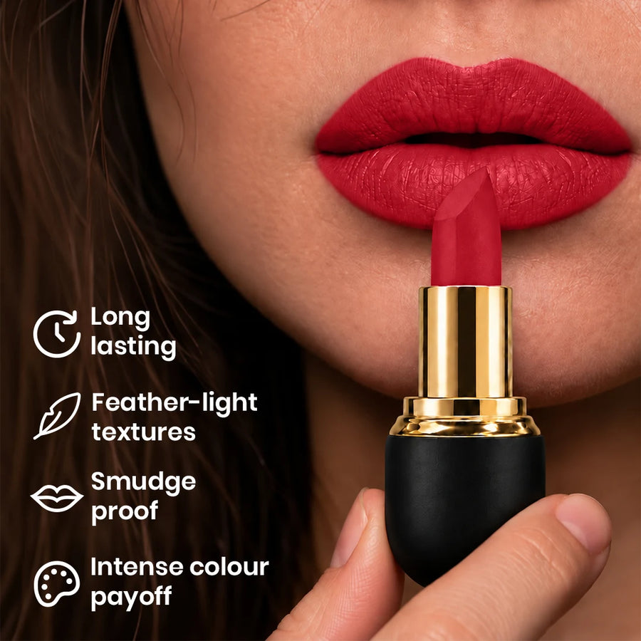 Code Red Matte Lock Matte Bullet Lipstick – 2x Colour Pigment, One-Stroke Blurring Matte, Water Resistant & Long-Lasting | Enriched with Vitamin E, Avocado Oil & Shea Butter | 4g