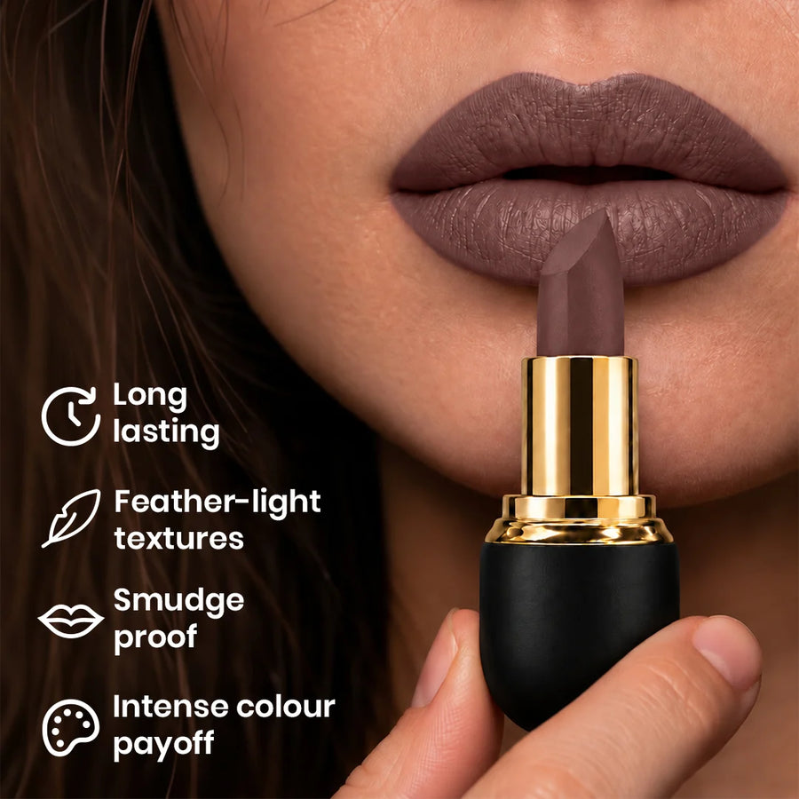 Double Shot Matte Lock Matte Bullet Lipstick – 2x Colour Pigment, One-Stroke Blurring Matte, Water Resistant & Long-Lasting | Enriched with Vitamin E, Avocado Oil & Shea Butter | 4g