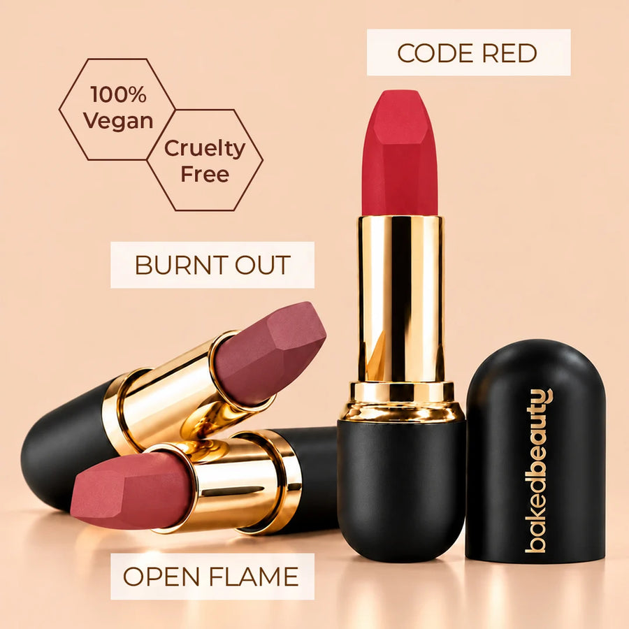 Fire Alarm Matte Lock Matte Bullet Lipstick – 2x Colour Pigment, One-Stroke Blurring Matte, WaterResistant & Long-Lasting | Enriched with Vitamin E, Avocado Oil & Shea Butter | 12g, Pack of 3