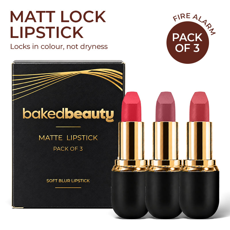 Fire Alarm Matte Lock Matte Bullet Lipstick – 2x Colour Pigment, One-Stroke Blurring Matte, WaterResistant & Long-Lasting | Enriched with Vitamin E, Avocado Oil & Shea Butter | 12g, Pack of 3