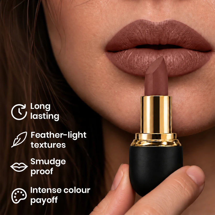 Single Shot Matte Lock Matte Bullet Lipstick – 2x Colour Pigment, One-Stroke Blurring Matte, WaterResistant & Long-Lasting | Enriched with Vitamin E, Avocado Oil & Shea Butter | 4g